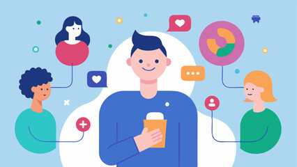 Community Sharing An illustration of the person sharing their microbiome journey on a social media platform with friends promoting awareness about gut health.