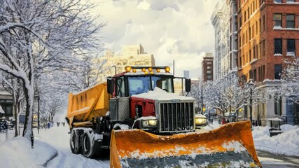 Snowplow clears sidewalk in downtown area after heavy snowfall during winter season, Snowplow clearning downtown sidewalk of snow in a large city - Powered by Adobe