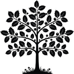 Obraz premium Stylized tree silhouette, symmetrical branches and leaves, fruit-bearing design, black nature icon, decorative tree artwork, botanical concept, ground detail