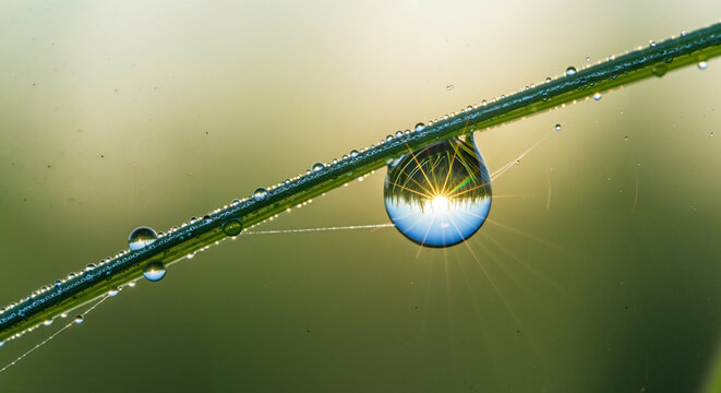 Water droplet on grass blade reflecting sunlight in nature  