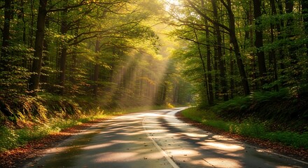 Fototapeta premium Enchanting forest road bathed in ethereal sunlight and verdant beauty