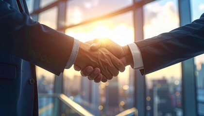 Business Agreement Handshake Against a Cityscape Window with a Bright Sunset