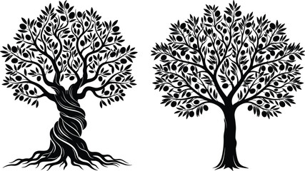 Stylized tree illustration set, twisted and upright trunks, black and white botanical design, fruit-bearing branches, nature concept art © Md Shahedul