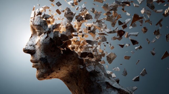 Fragmented stone head exploding into pieces against blue background
