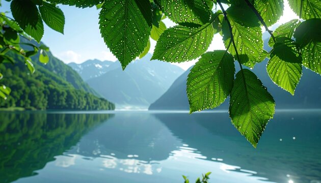 Peaceful mountain lake through leaves