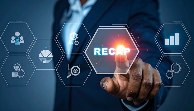 A person in a suit touches a hexagonal interface displaying the word "RECAP" surrounded by various business-related icons.