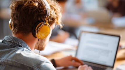 over shoulder close up man student wear headphones use laptop computer study online listen watch training course make notes e learning teacher call mock up screen distance education concept no logos