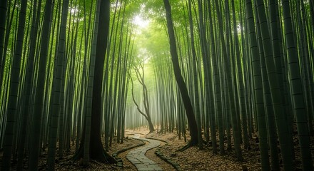 Fototapeta premium Enchanting bamboo forest pathway with a mystical natural atmosphere