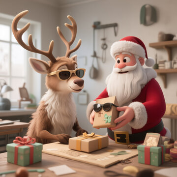 Santa and a reindeer wearing sunglasses are in a cozy workshop, wrapping gifts. The room is filled with festive decorations and presents, creating a cheerful holiday atmosphere.
