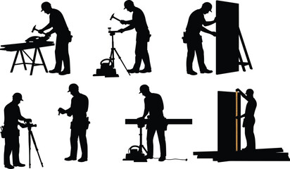 Obraz premium Construction worker silhouettes, carpentry tools, hammering nails, measuring wood, using tripod, 