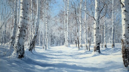 snowy birch trees winter wonderland forest scene