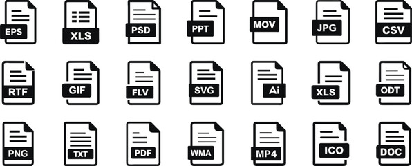 Collection of various file format icons representing different file extensions types