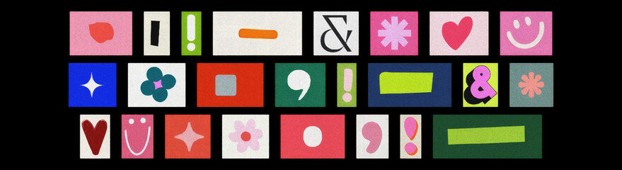 Colorful magazine symbol cutouts set arranged on a black background
