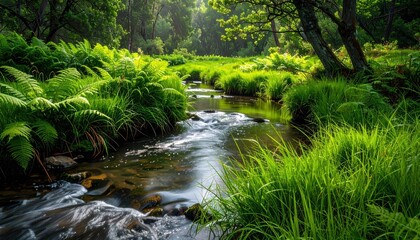 Obraz premium Stream through lush forest