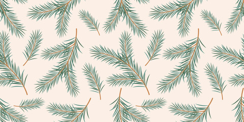 Winter Seamless Pattern with Christmas tree branches and leaves. Pine or Fir needles texture. Vector Seamless Background for Christmas or New Year. Print with Evergreen Tree Branches.