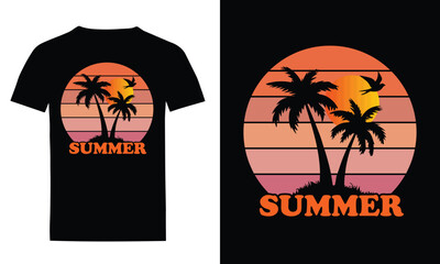 Summer Sunset T-Shirt Design with Palm Tree Silhouette and Tropical Vibes.