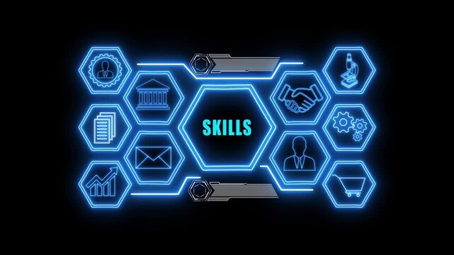 Abstract neon Hud knowledge ability business gear icon Glowing neon line concept. Glowing skills button in German on a futuristic, abstract wave technology on black background.