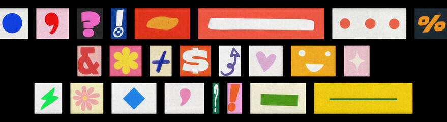 Graphic design symbol collage for branding, magazine cutouts on black
