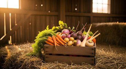Freshly harvested organic vegetables in a wooden crate inside a rustic barn, farming concept