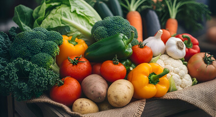 Freshly Harvested Vegetables Beautifully Arranged in Wooden Basket with Natural Lighting