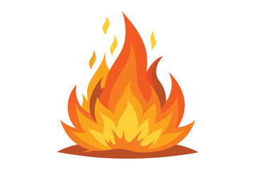 Stylized bonfire displays intense orange flames rising from a brown bed on white