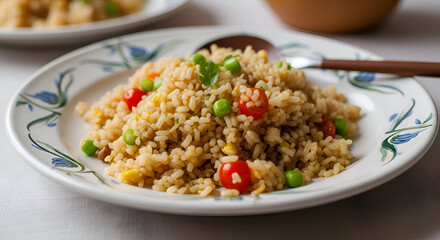 Freshly Prepared Fried Rice Garnished With Tomatoes, Peas, and Herbs On A Plate