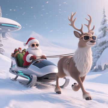 Santa in a futuristic sleigh, led by a reindeer wearing sunglasses, glides through a snowy landscape with a UFO in the background, creating a whimsical holiday scene.