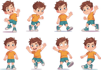 Cartoon boy character set with different poses, cute kid emotions, happy expressions, fun illustration for animation, children design artwork