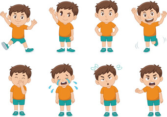 Cartoon boy character showing emotions, happy, sad, angry, crying, laughing, surprised, confused, cute child poses for kids illustration design