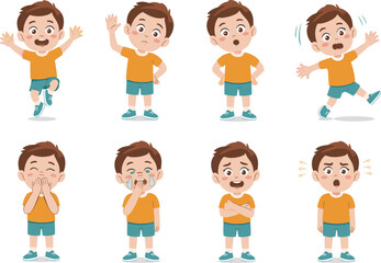 Cartoon boy character showing emotions, happy, sad, surprised, angry, scared, crying, laughing, cute kid poses for children illustration design