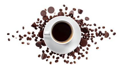 Fototapeta premium Coffee cup surrounded by chocolate and coffee beans