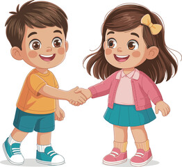 Cartoon children shaking hands, happy boy and girl illustration, friendship concept, smiling kids greeting, cute character design, cooperation teamwork, childhood interaction