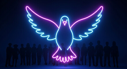Glowing neon peace dove with diverse human silhouettes in background.