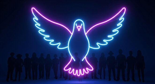 Glowing neon peace dove with diverse human silhouettes in background.
