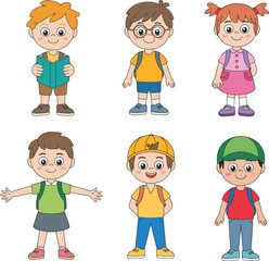 Cartoon kids characters, school children, cute boy and girl, backpack, reading book, happy students, vector illustration for education, learning