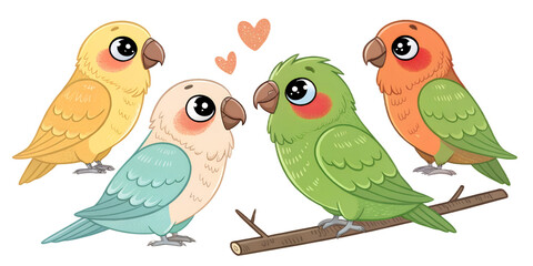 Various Lovebirds PNG &ndash; Cartoon and Realistic Exotic Parrot Illustrations on Transparent Background