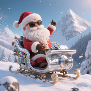 Santa Claus in sunglasses rides a shiny sleigh through a snowy mountain landscape, waving cheerfully. The scene is bright and festive, capturing the joy of the holiday season.
