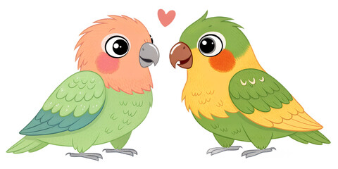 Fototapeta premium Various Lovebirds PNG – Cartoon and Realistic Exotic Parrot Illustrations on Transparent Background