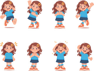 Cute cartoon girl character, school child, different emotions, happy, sad, surprised, laughing, crying, vector illustration for kids education design