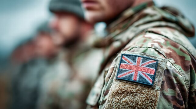 British soldier in camouflage uniform with the Union Jack flag patch.