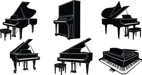 Grand piano collection, upright piano, classic musical instrument, black silhouette, concert piano, vintage piano, elegant piano, music vector illustration © Hanif World