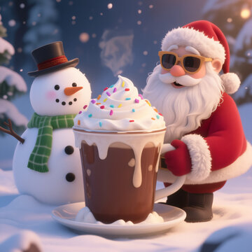 Santa and a snowman enjoy a giant cup of hot cocoa topped with whipped cream and sprinkles in a snowy winter scene, creating a festive and cheerful holiday atmosphere.