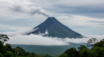 Majestic view of Arenal volcano shrouded in ethereal clouds, costa rica