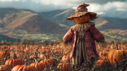 Fototapeta premium scarecrow pumpkin field autumnal landscape
