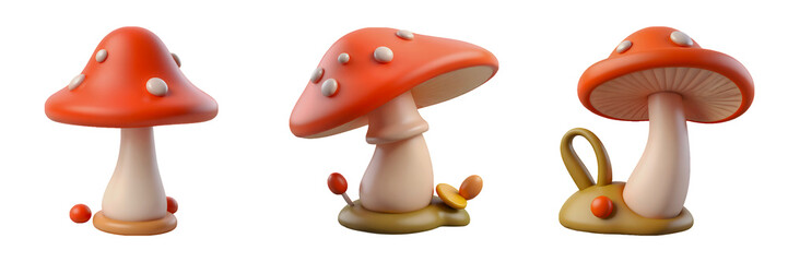 Three Cartoonish Red Mushrooms with White Spots and a Snail fantasy fairy tale isolated on a transparent background