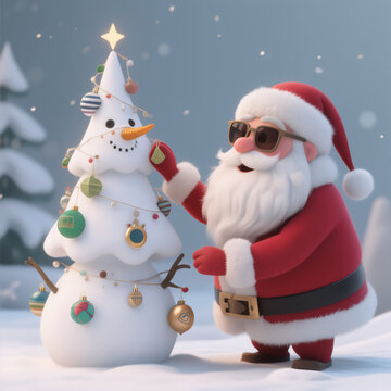 Santa Claus in sunglasses decorates a snowman shaped like a Christmas tree with ornaments in a snowy landscape, creating a festive and whimsical holiday scene.
