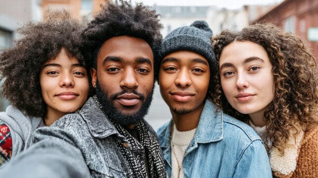 Diverse group of friends taking a selfie together outdoors, smiling.