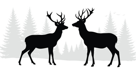 Two majestic deer facing each other in a winter forest silhouette