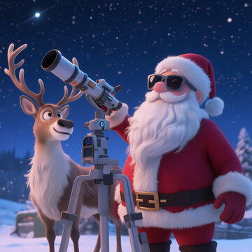 Santa and a reindeer gaze through a telescope under a starry night sky, surrounded by snow, capturing a whimsical and festive holiday scene.