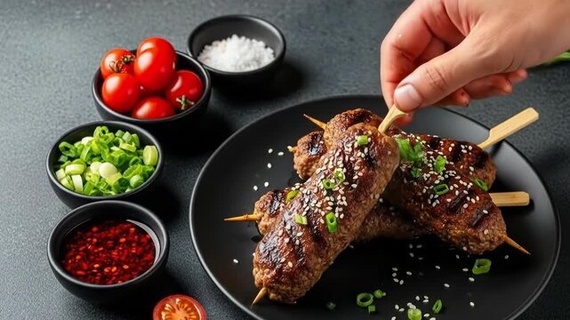 A hand garnishes delicious grilled kofta kebabs with chopped green onions and sesame seeds, served with tomato sauce and cherry tomatoes
